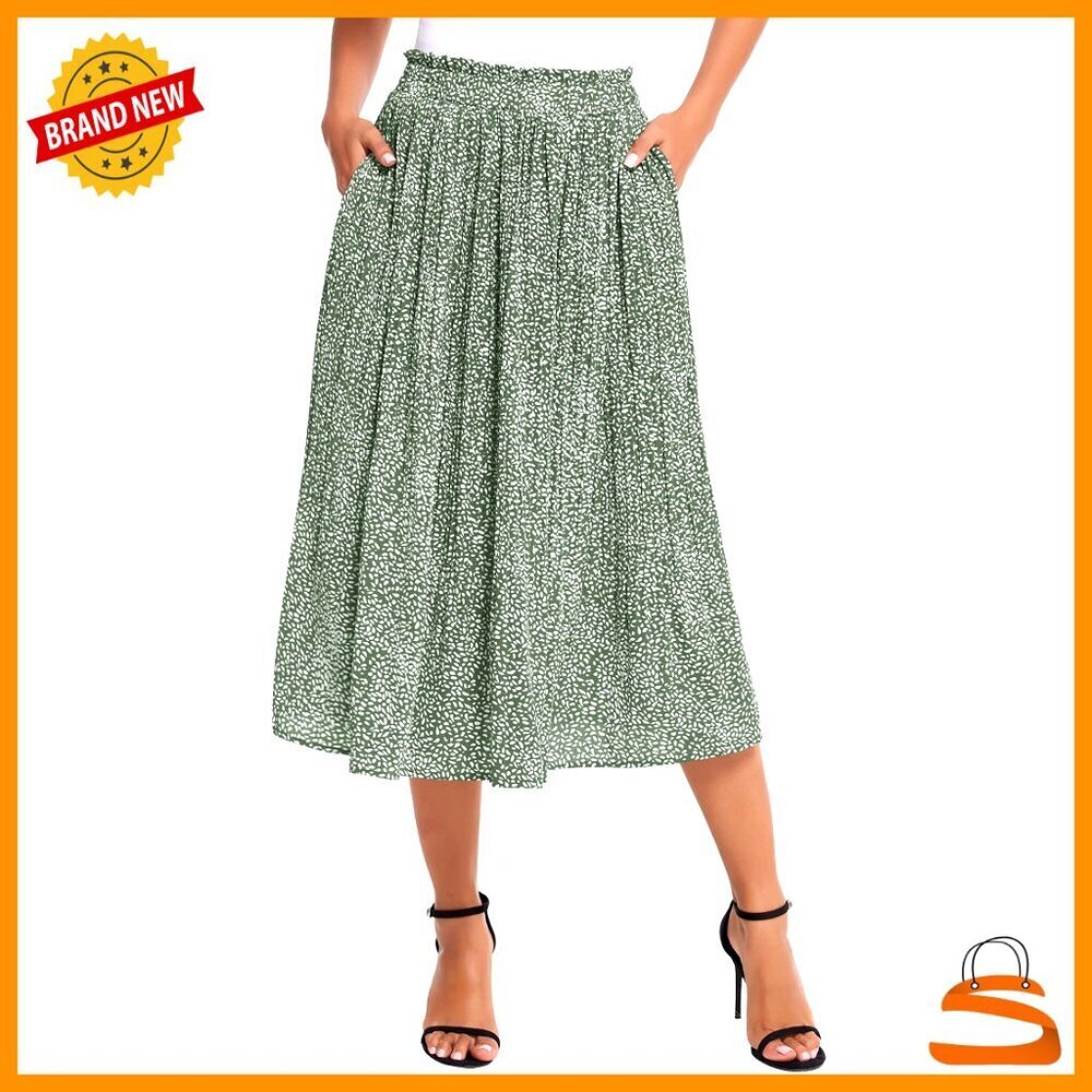 Pleated Midi Skirt High Waisted A-Line Swing Floral Summer Skirt with Pockets